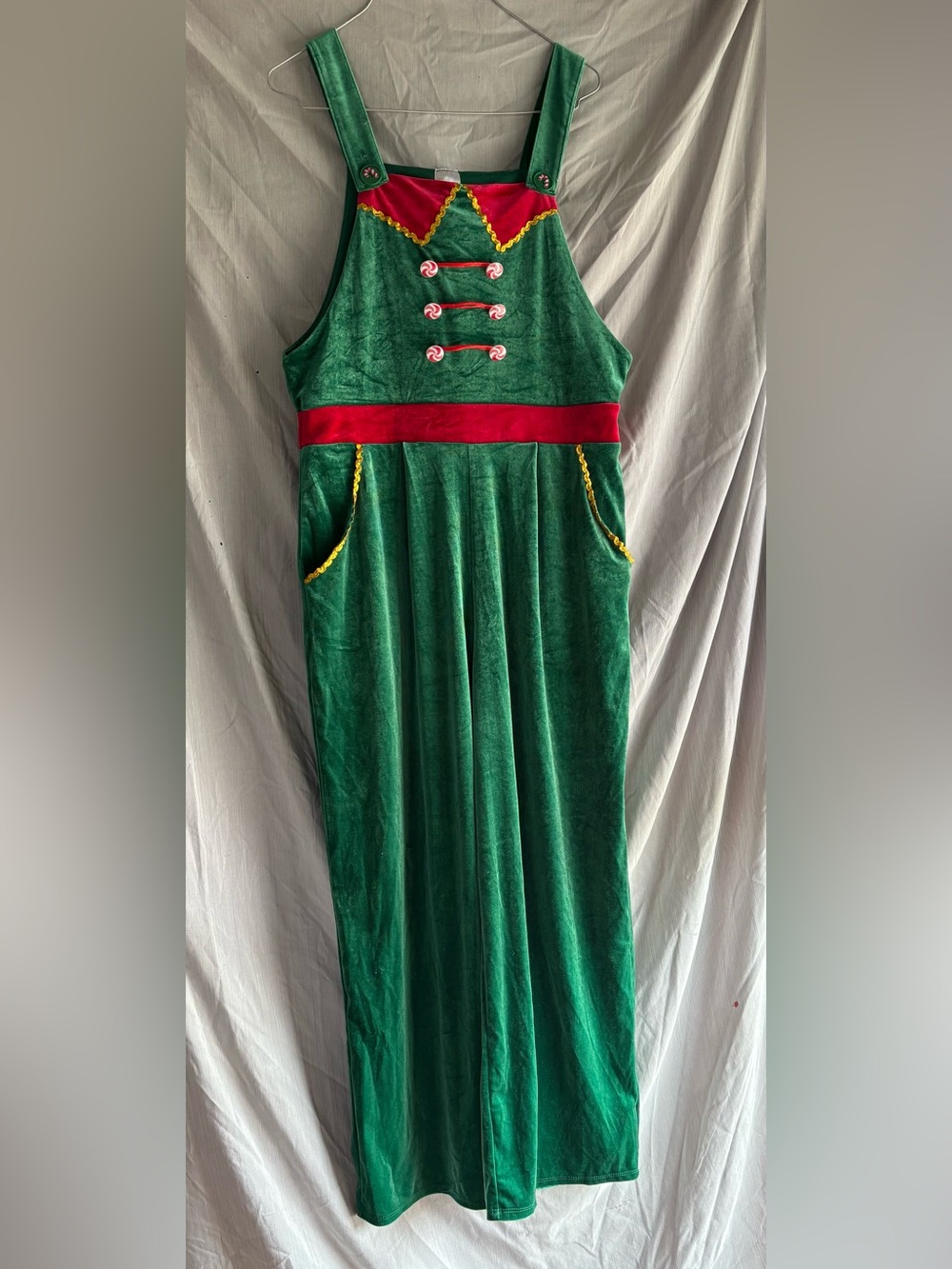 No Boundaries Women’s Green Elf Jumpsuit Overalls with Red and Gold Accents